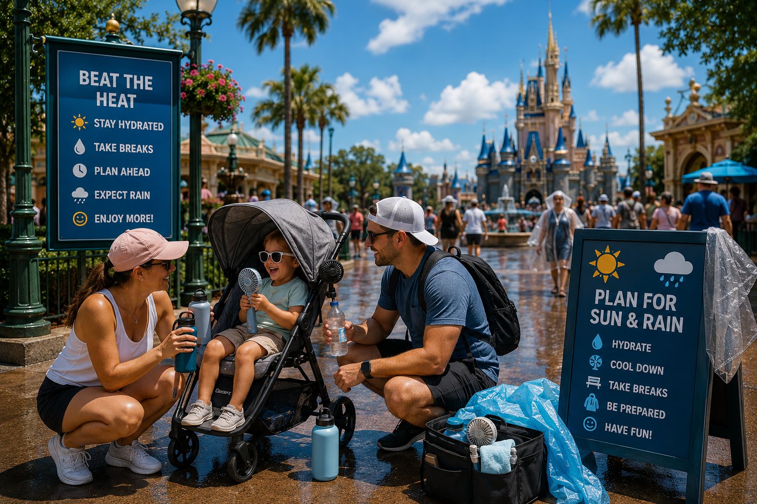 Family staying cool with a stroller on a hot Orlando day