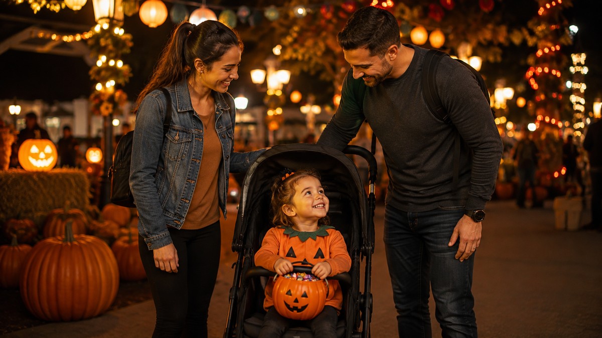 Family in Halloween costumes with a stroller at Magic Kingdom at night