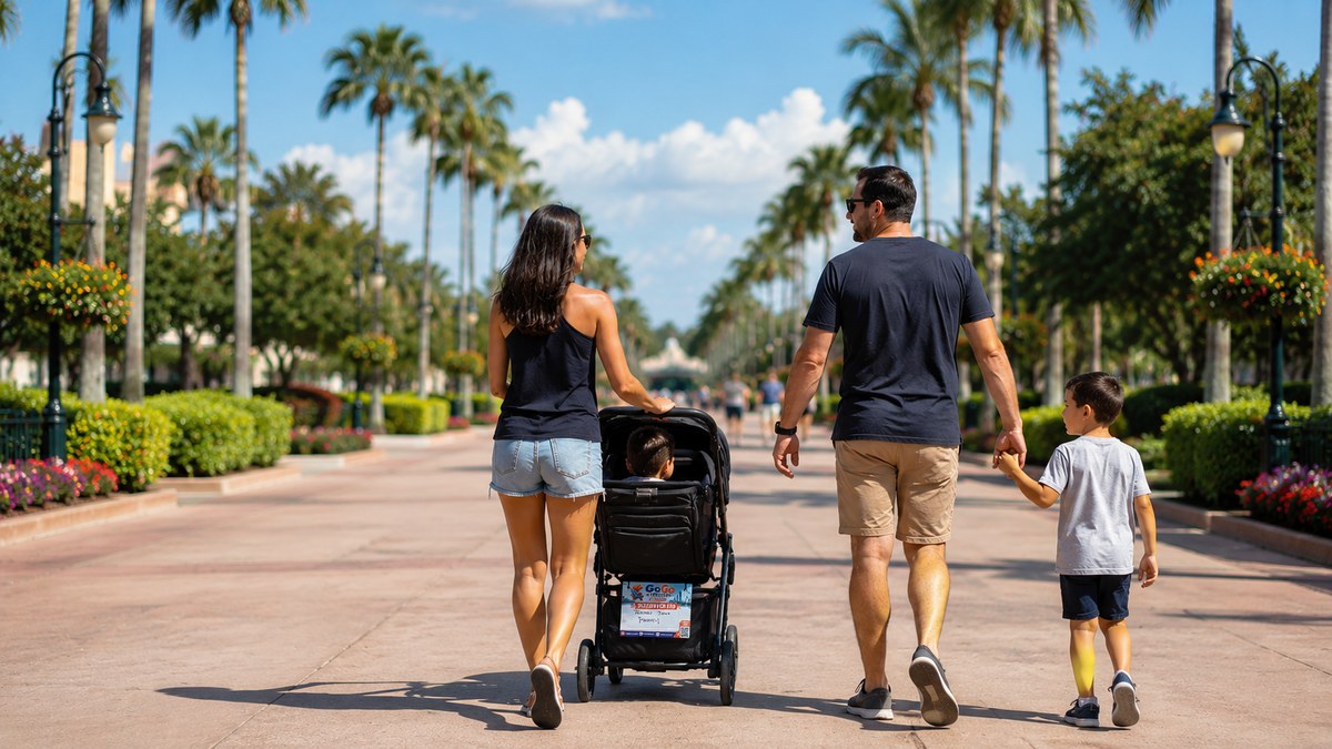 Family walking through a quiet Orlando theme park in September