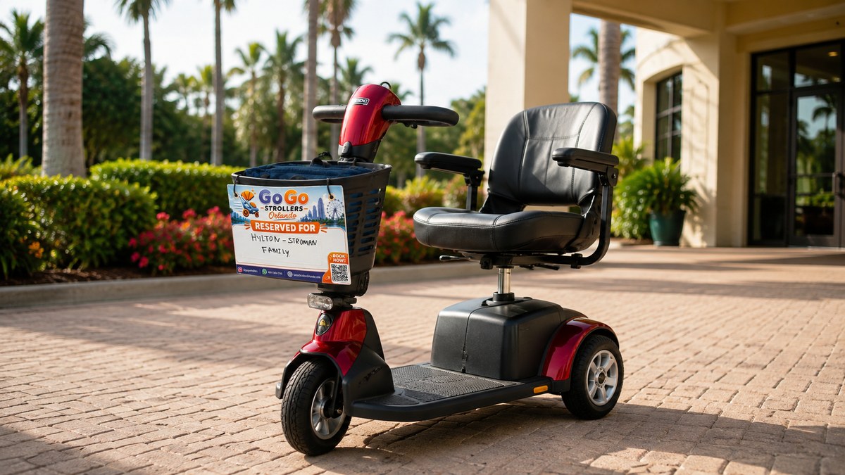 Mobility scooter parked outside an Orlando theme park entrance