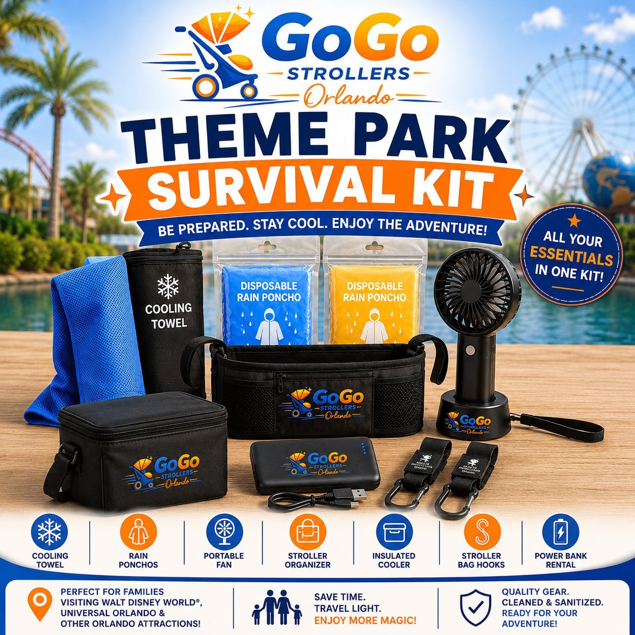 GoGo Strollers Orlando Theme Park Survival Kit, cooling towel, rain ponchos, fan, organizer, cooler, hooks, power bank